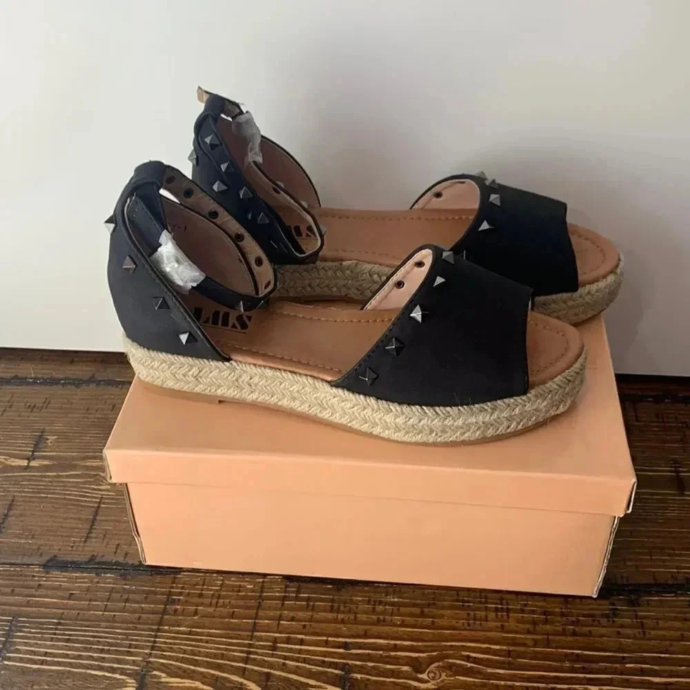 AMS Black Studded Sandals Size 6 NIB